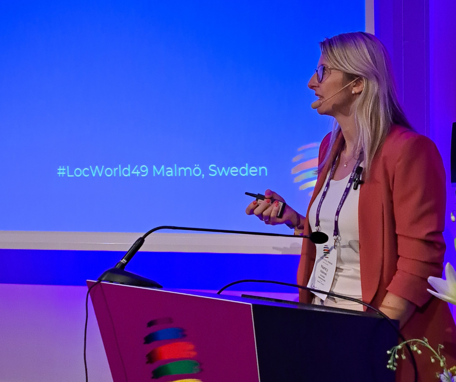  Nancy Hähnel præsenterer "From asylum seeker to interpreter: the success story of Basel " på LocWorld49, Malmø