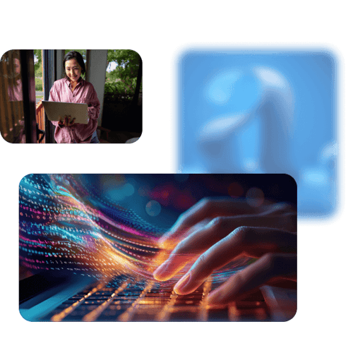 Collage of woman standing with laptop; hands generating content; abstract logo