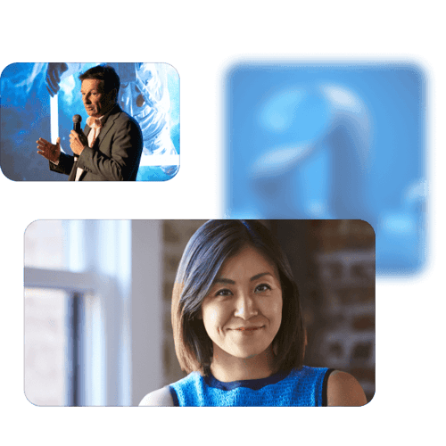 Collage of two speakers: a man presenting on stage and a woman smiling indoors.