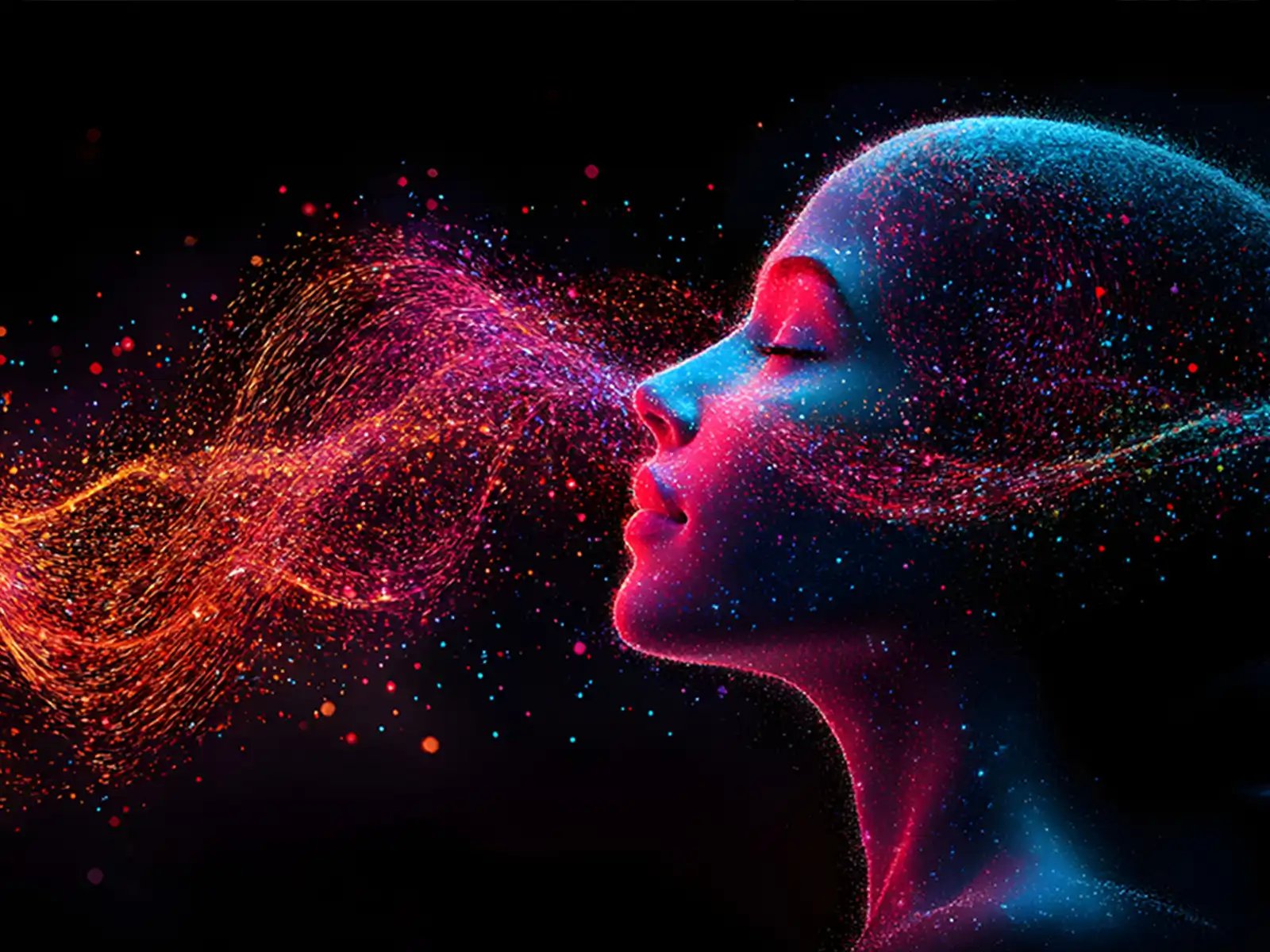illustration of AI data conceptualized as red orange waves flowing from a human face