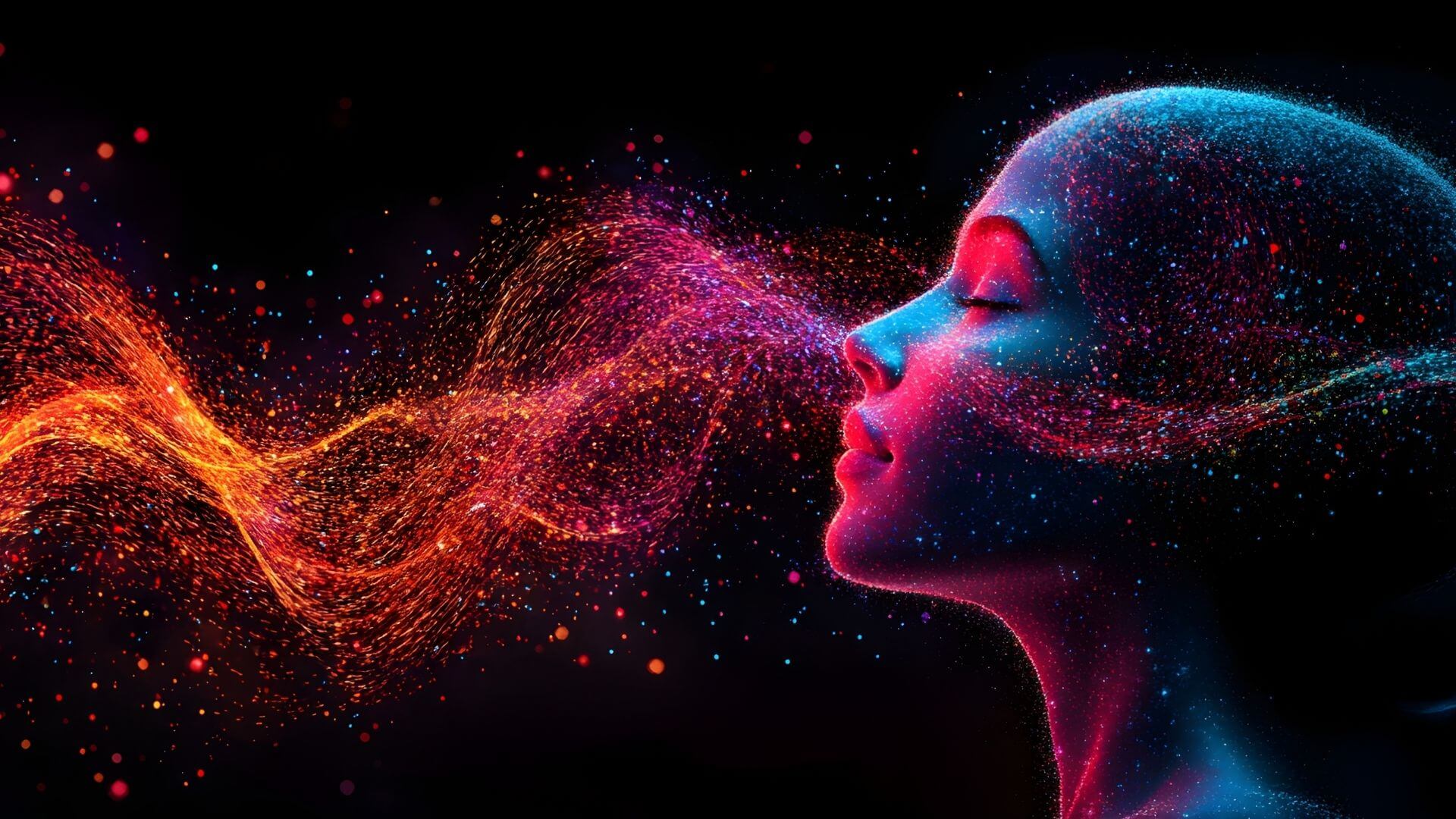 illustration of AI data conceptualized as red orange waves flowing from a human face