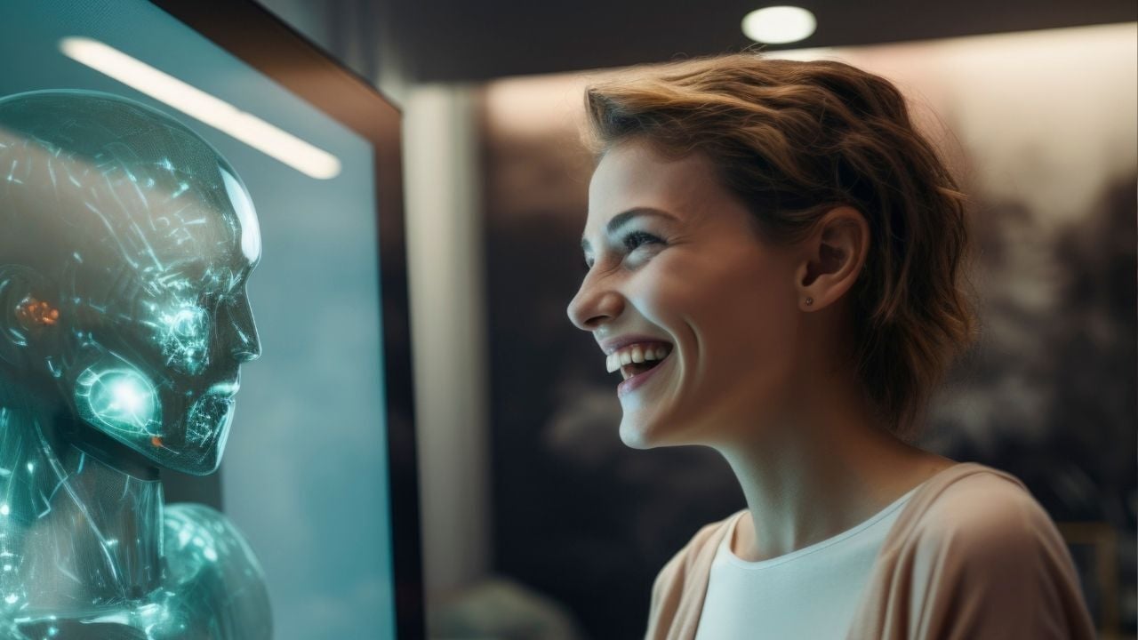woman looking at ai figure on a screen