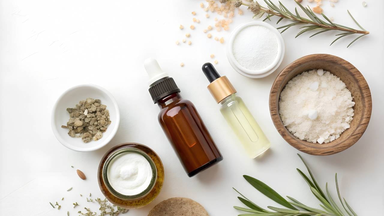 A collection of essential oils, creams, herbs, and bath salts laid out on a white background, suggesting a theme of natural beauty or skincare.