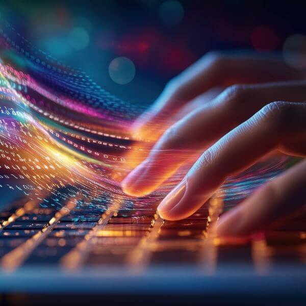 concept of fingers typing on keyboard with data streaming as abstract red orange waves