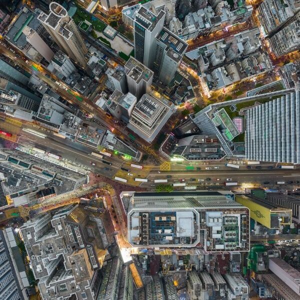 aerial view of skyscrapers in busy city