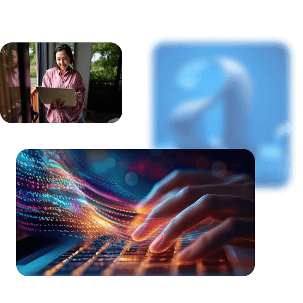 Collage of woman standing with laptop; hands generating content; abstract logo