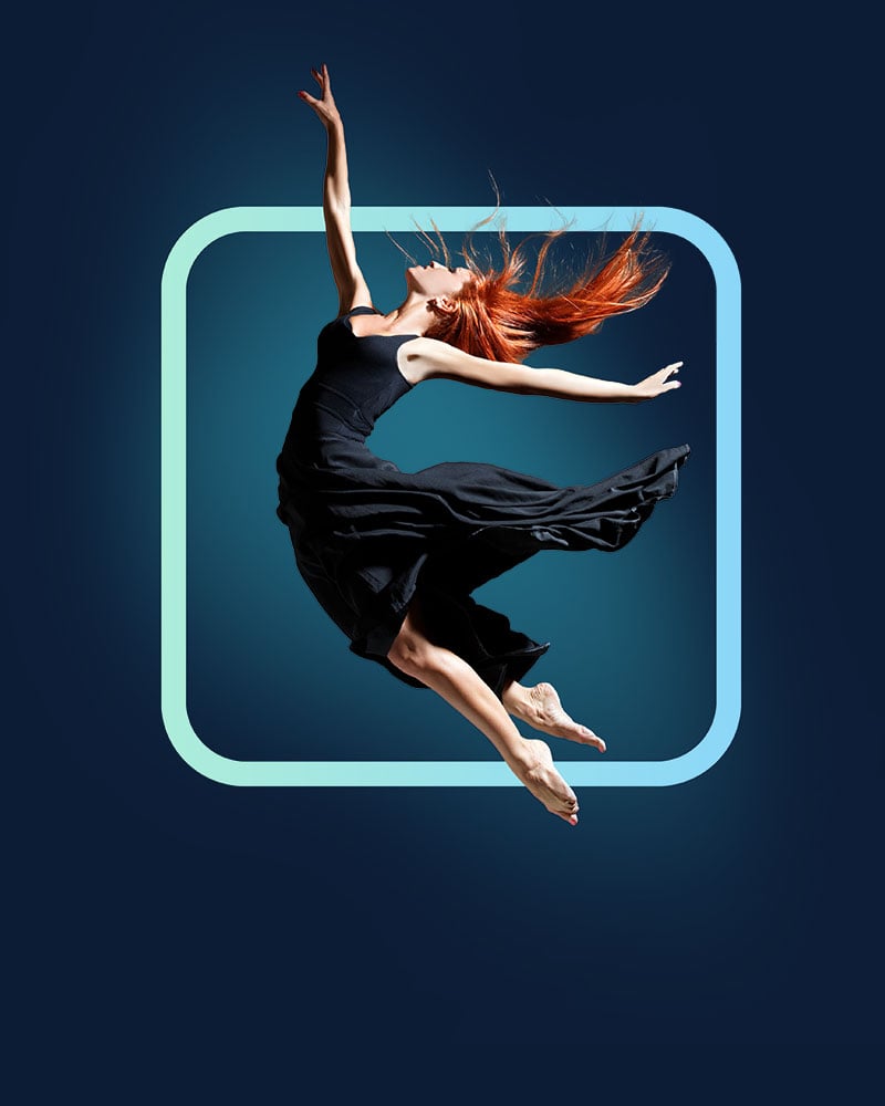 elegant female dancer leaping in front of Acolad Lia logo