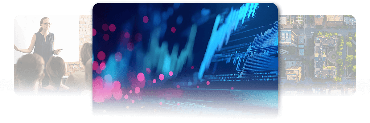 triptych collage of business woman speaking to group, ai data flowing from screen, and large city from aerial view