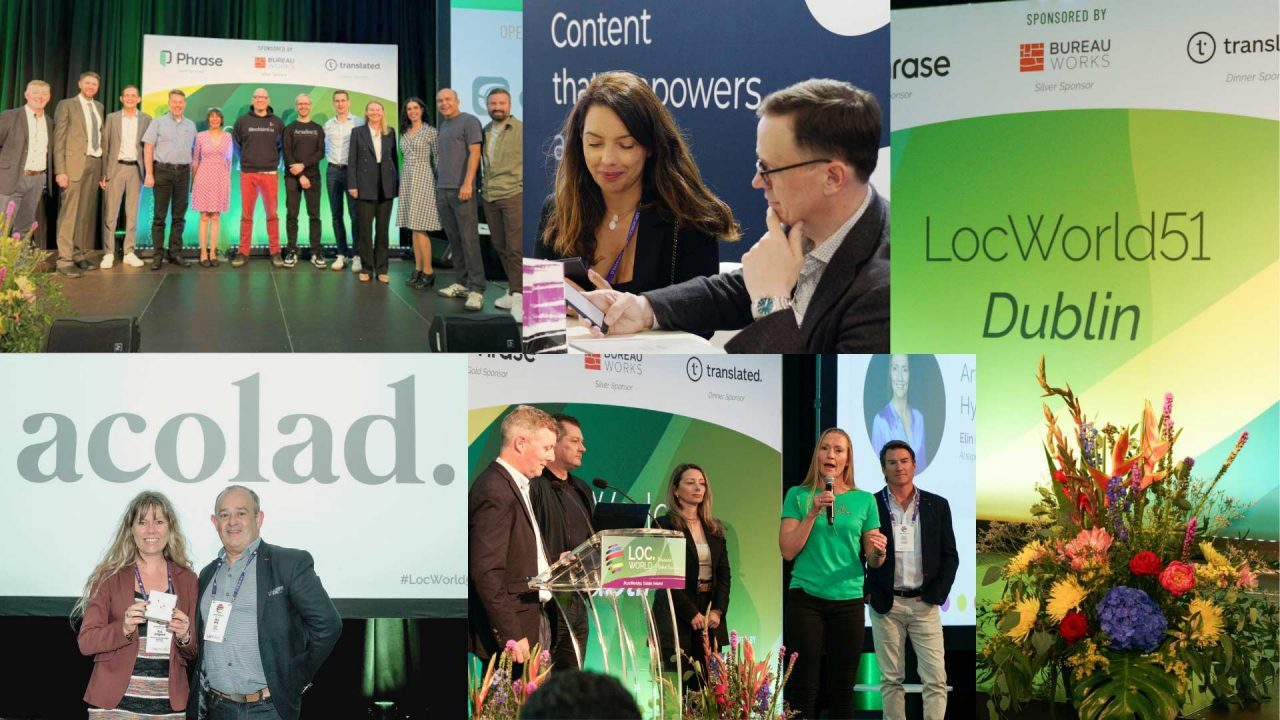 A collage of various moments from the LocWorld51 Dublin event, featuring group photos on stage, people interacting at booths, event signage, and floral decorations. A collage of various moments from the LocWorld51 Dublin event, featuring group photos on stage, people interacting at booths, event signage, and floral decorations.