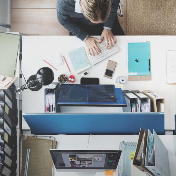 overhead perspective of a person at workstation