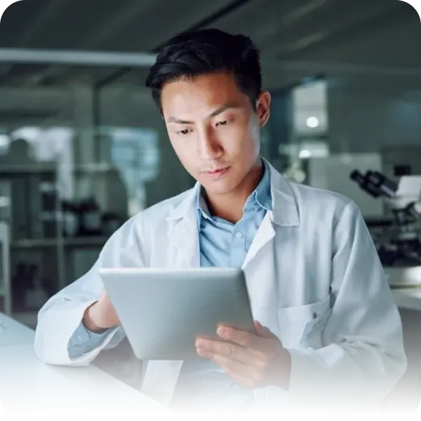 doctor on tablet during clinical research study