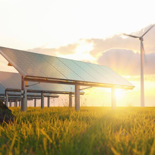 solar panels in a field with a wind turbine in the distance