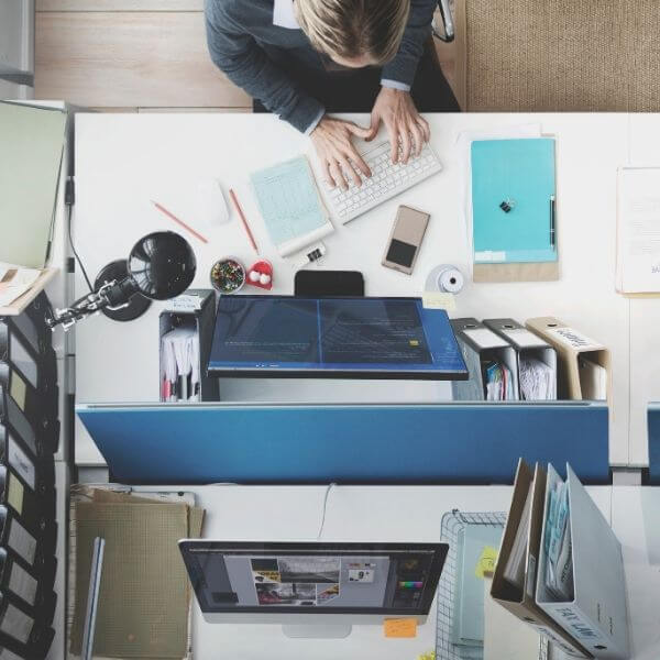 overhead angle of office workspace