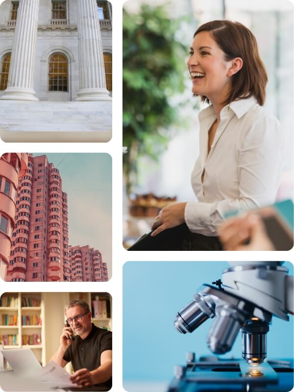collage of images representing industries including life sciences, legal, finance, business, and marketing